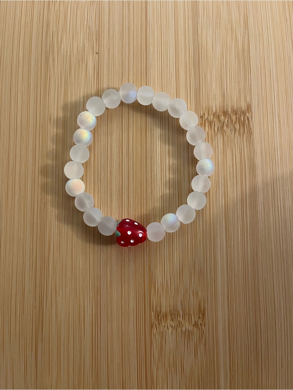 Frosted Glass Beaded Bracelet with Red Polka Dot Heart Charm